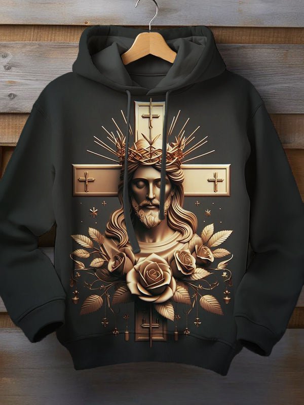 Fashion  Jesus Cross Floral Embossment Print Hooded Sweatshirt