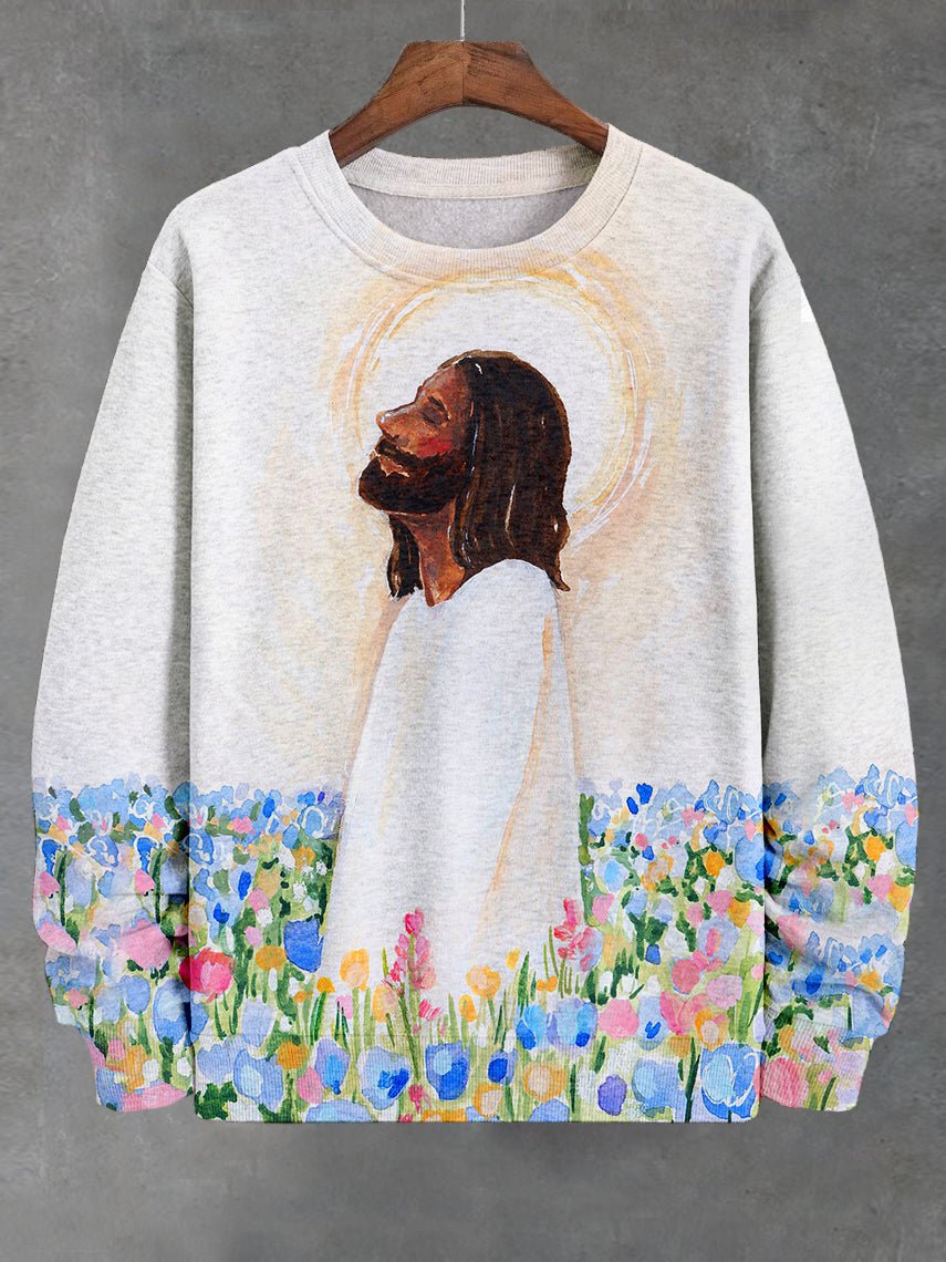 Fashion  Jesus In The Flower Field Watercolor Art Print Casual Sweatshirt